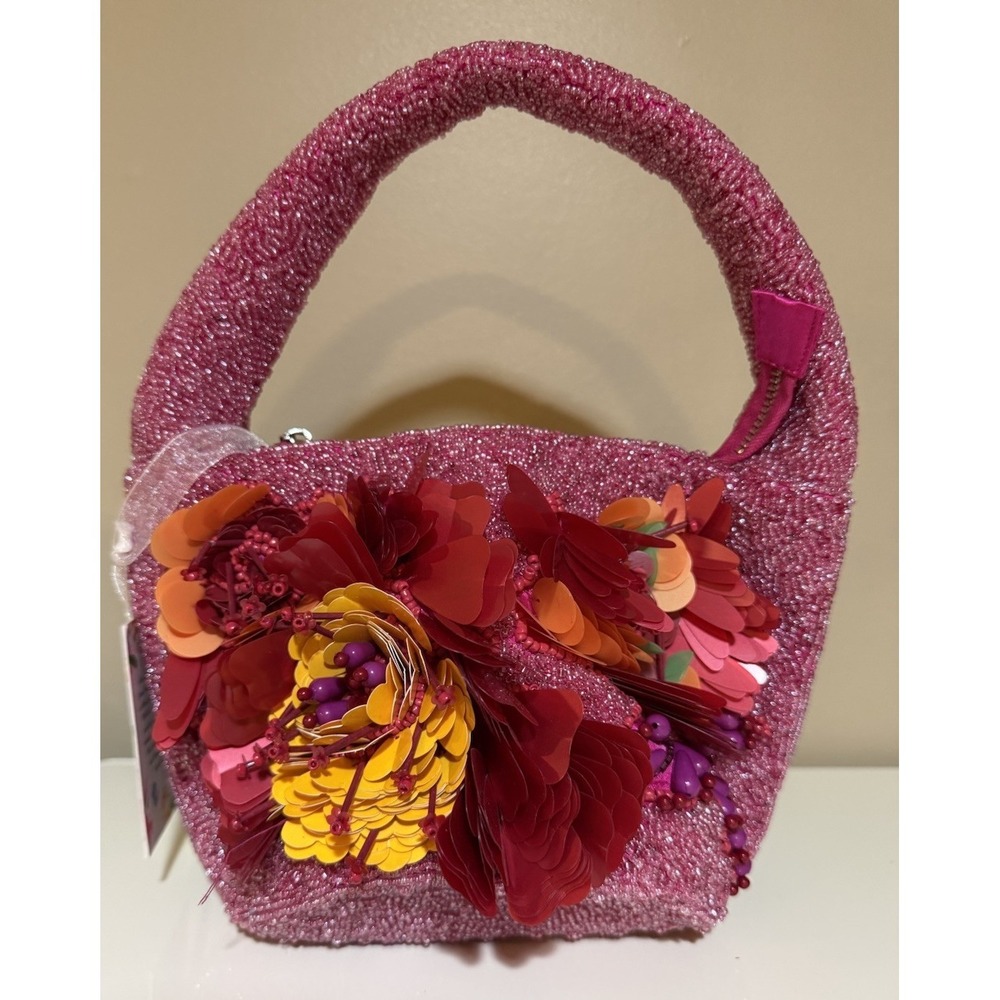 New Release Multicolor Pink Floral Beaded Sequins Handcrafted In India Bag